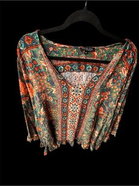 Rachel Zoe Green & Orange Bohemian Print V-Neck Top 3X